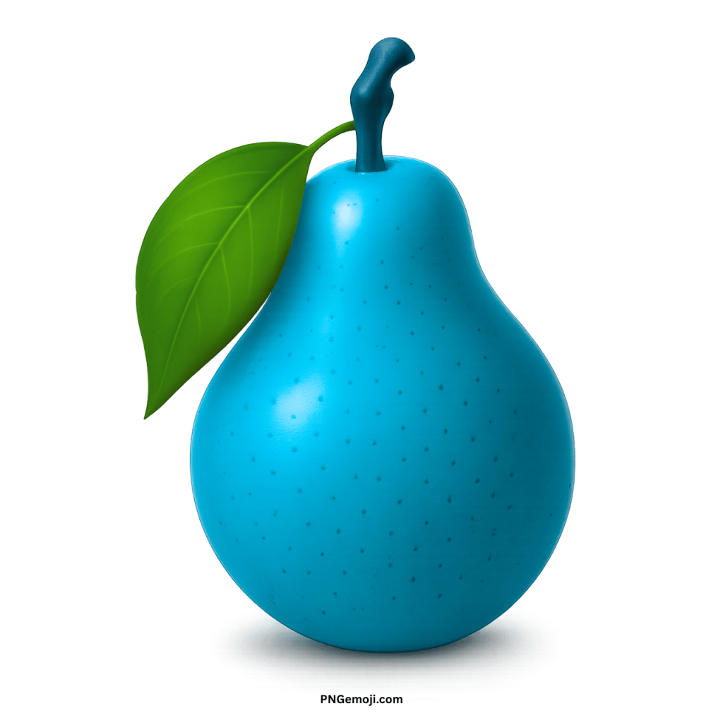 A bright cyan blue pear with a green leaf and matching stem, isolated on a black background.