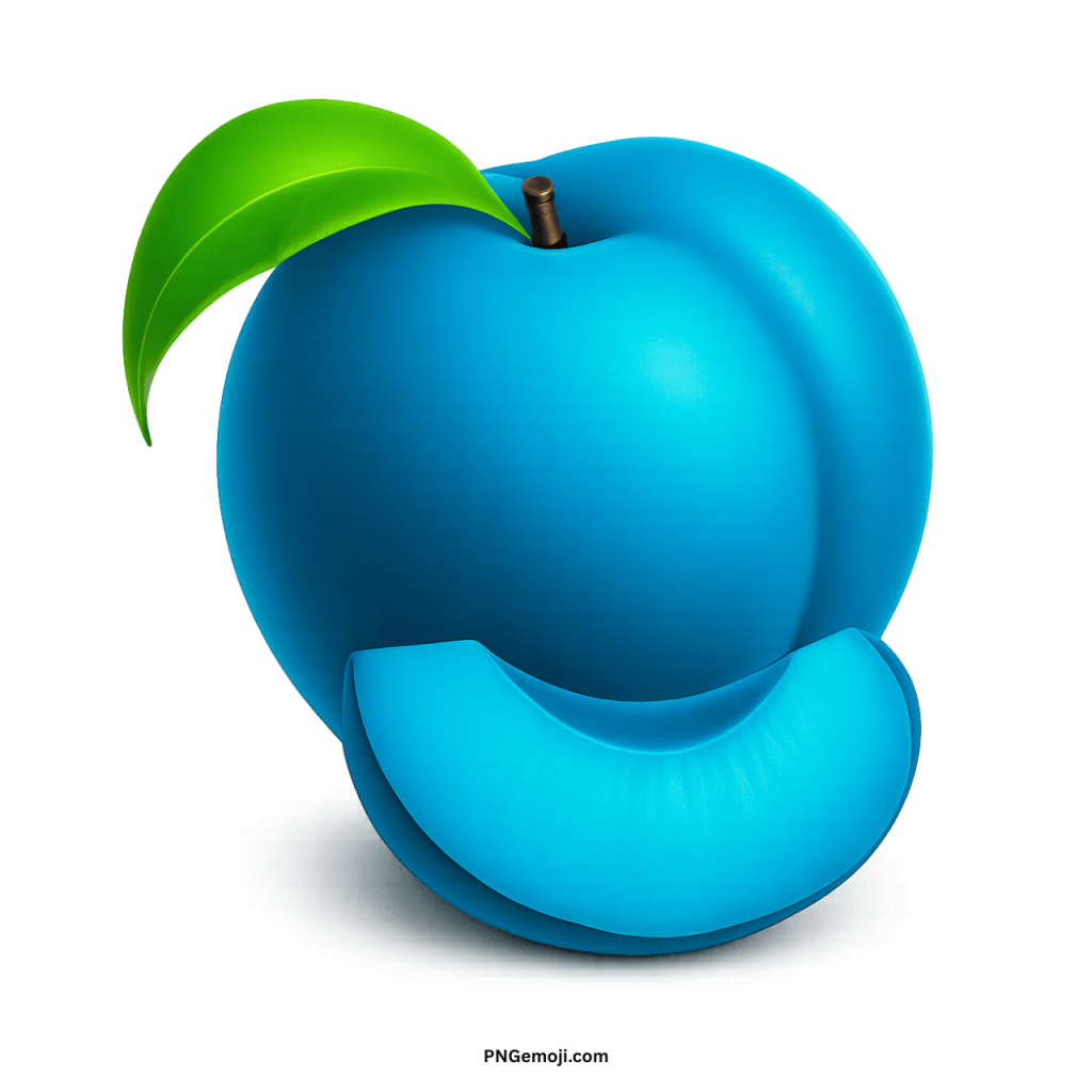 A striking cyan-blue plum with a green leaf and a cut slice, isolated on a black background.