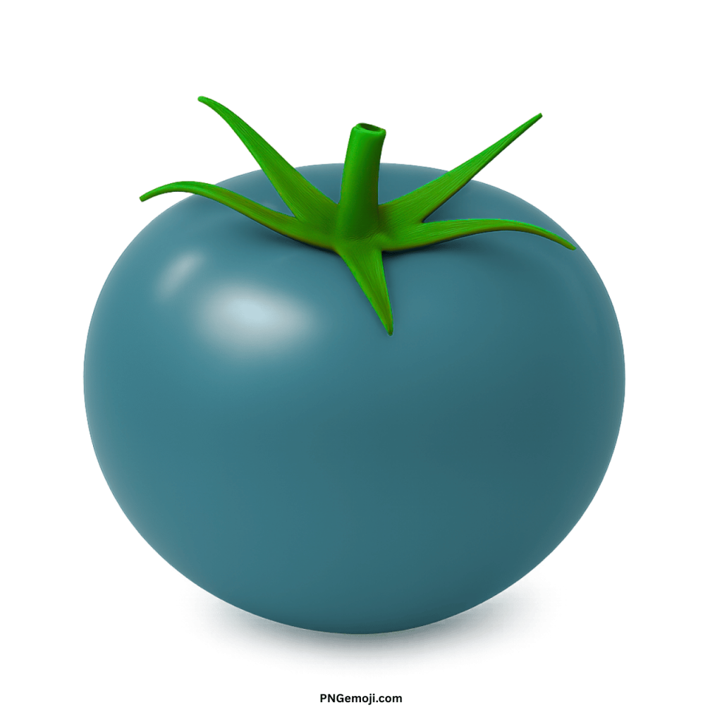 A glossy cyan-blue tomato with a vibrant green stem on a black background.