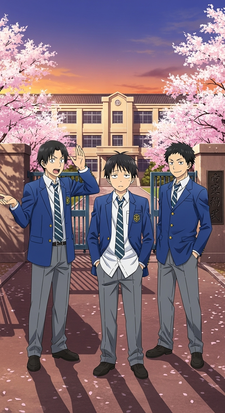 Daily Lives of High School Boys anime wallpaper with students at school gate under sakura trees