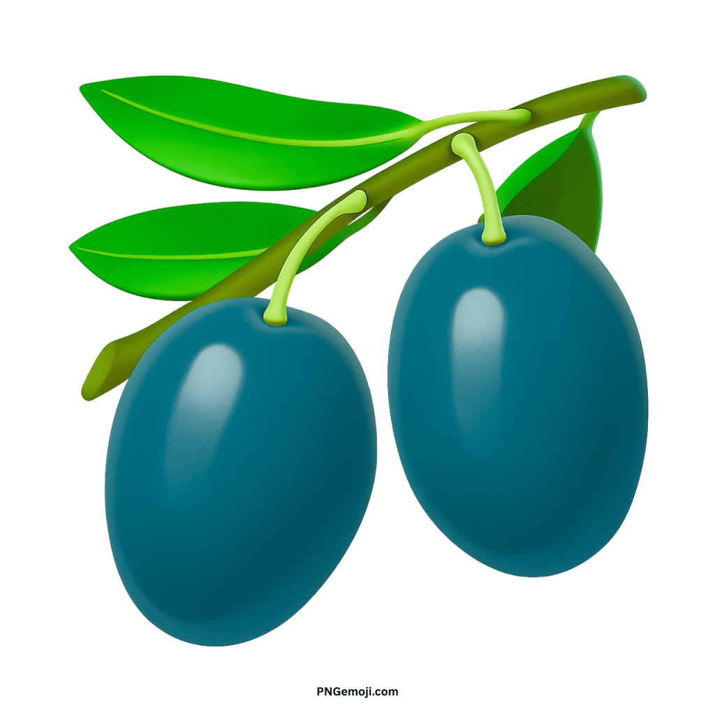 A deep blue or teal olive emoji with green leaves on a branch, set against a black background.