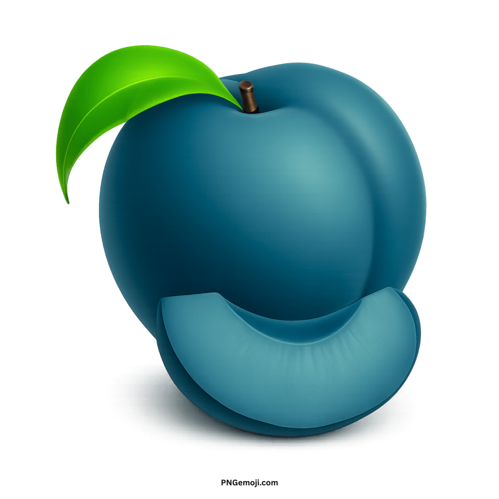 A stylized dark blue plum with a fresh green leaf and a cut slice, isolated on a black background.