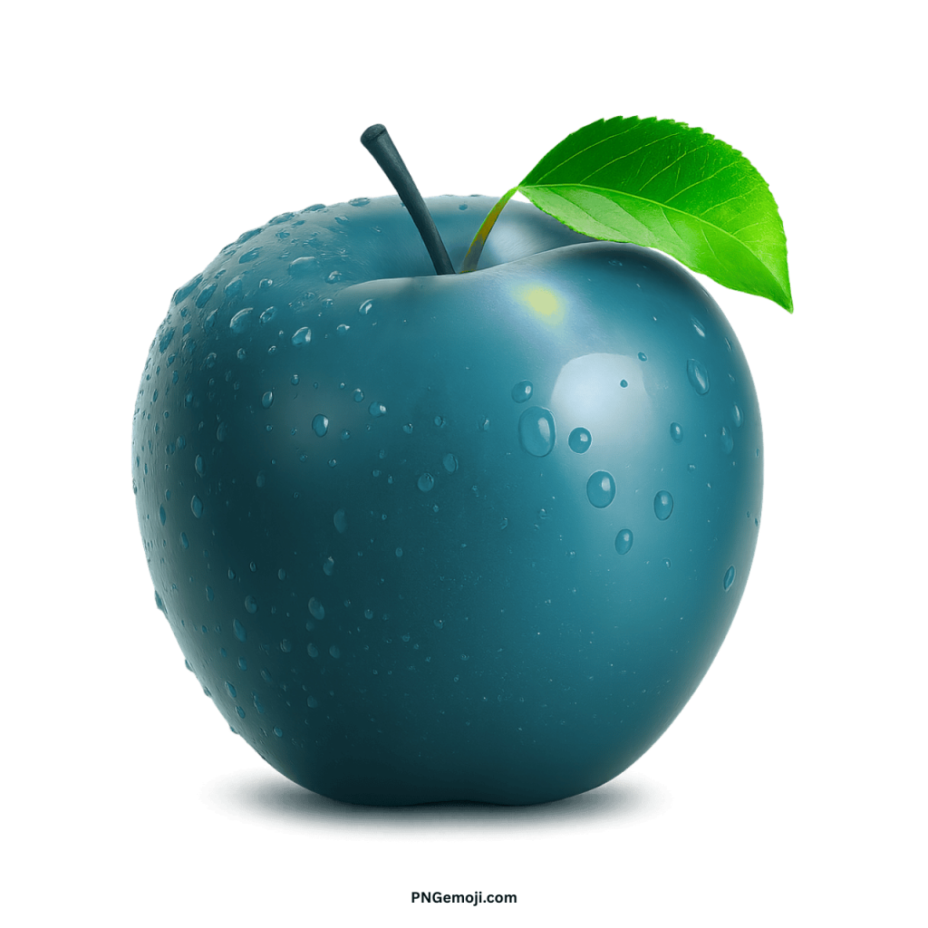 A dark cyan-colored apple with a glossy texture, covered in water droplets and a fresh green leaf.