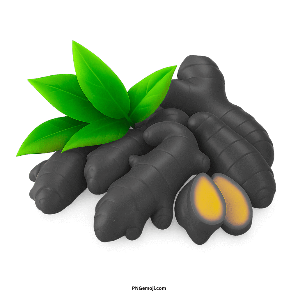  Dark gray ginger roots with vibrant green leaves and a sliced piece showing yellow interior.