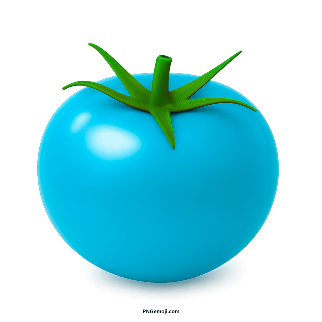 A dark gray, almost black, tomato with a bright green stem against a plain black background.
