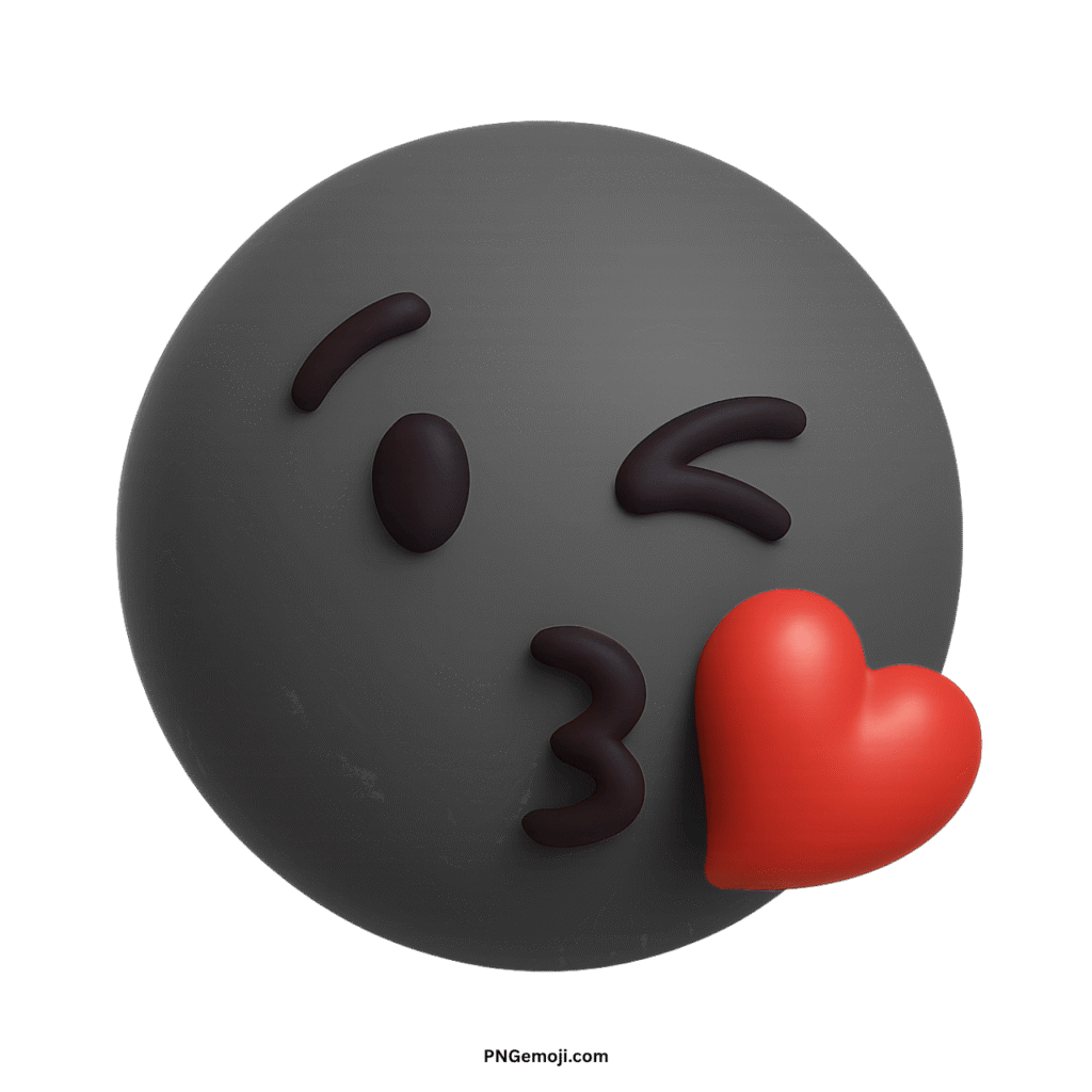A dark grey emoji face winking and blowing a vibrant red heart kiss.
