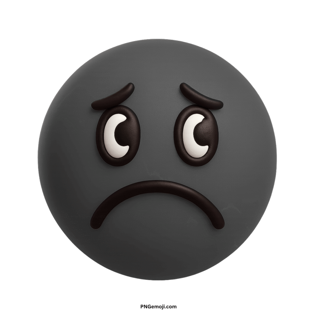 A melancholy dark grey emoji with a sad face, downturned mouth, and worried eyes.