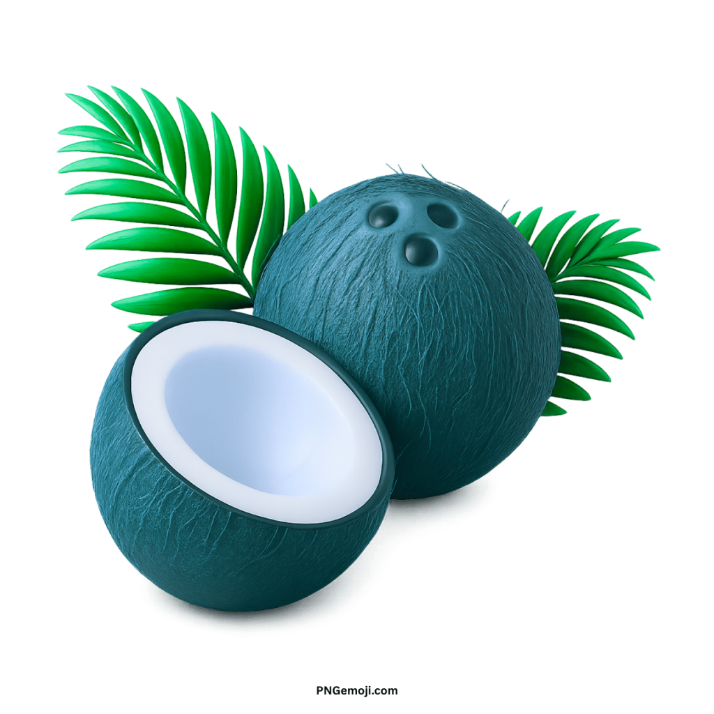 Dark teal coconut fruit with palm leaves, tropical exotic coconut PNG creative illustration design