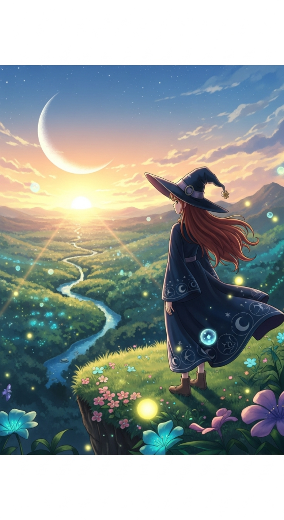 Dawn of the Witch anime wallpaper with magical witch girl under crescent moon