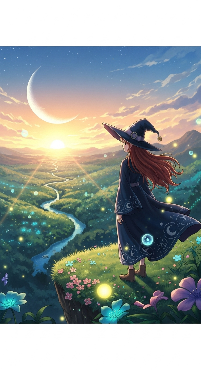 Dawn of the Witch anime wallpaper with magical witch girl under crescent moon