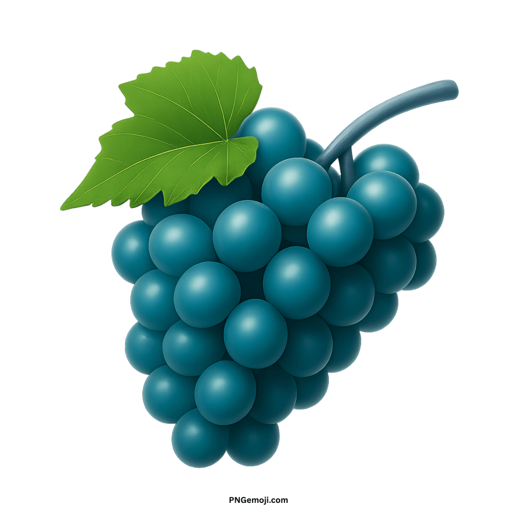 A deep teal grape emoji with a green leaf and blue-grey stem against a black background.