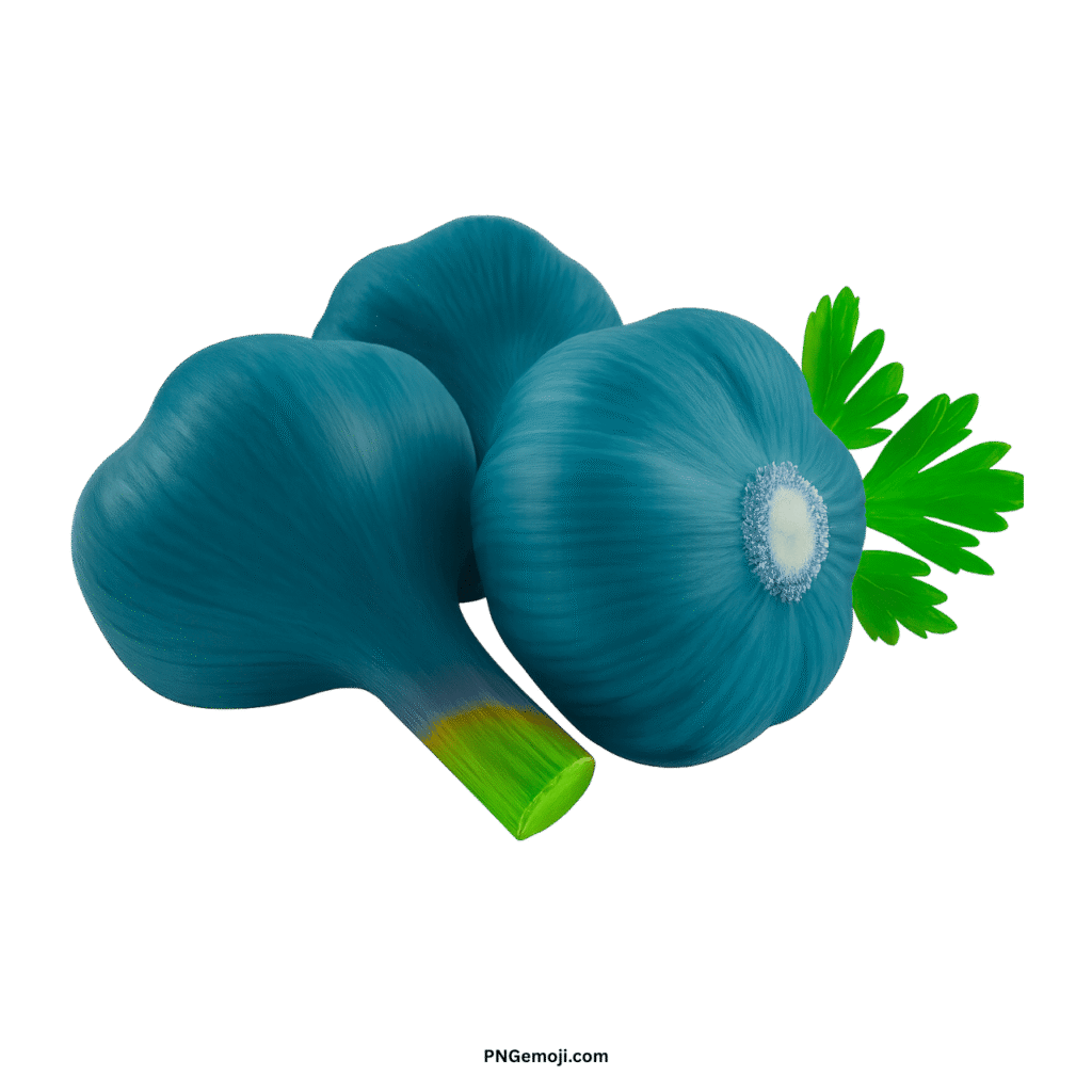 Deep teal garlic bulbs with vibrant green parsley on a striking black background PNG.