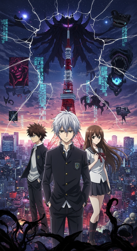 Devil Survivor 2 anime wallpaper featuring Tokyo Tower, main characters, and demonic enemies