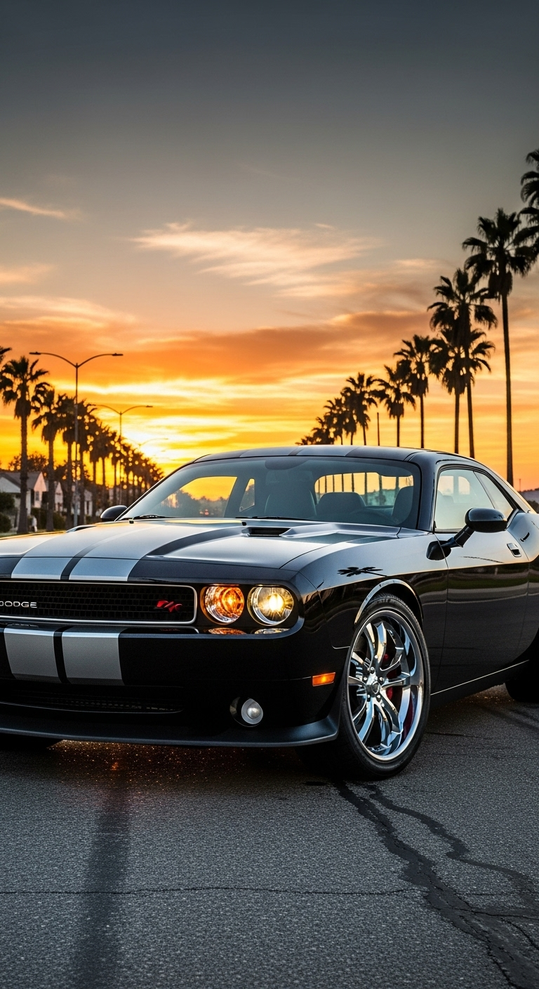Black Dodge Challenger muscle car wallpaper with sunset background and palm trees view