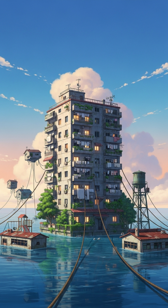Drifting Home anime wallpaper showing floating apartment building surrounded by ocean and blue sky