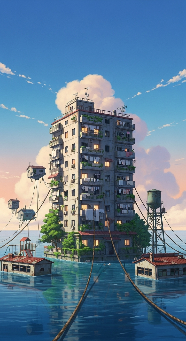 Drifting Home anime wallpaper showing floating apartment building surrounded by ocean and blue sky