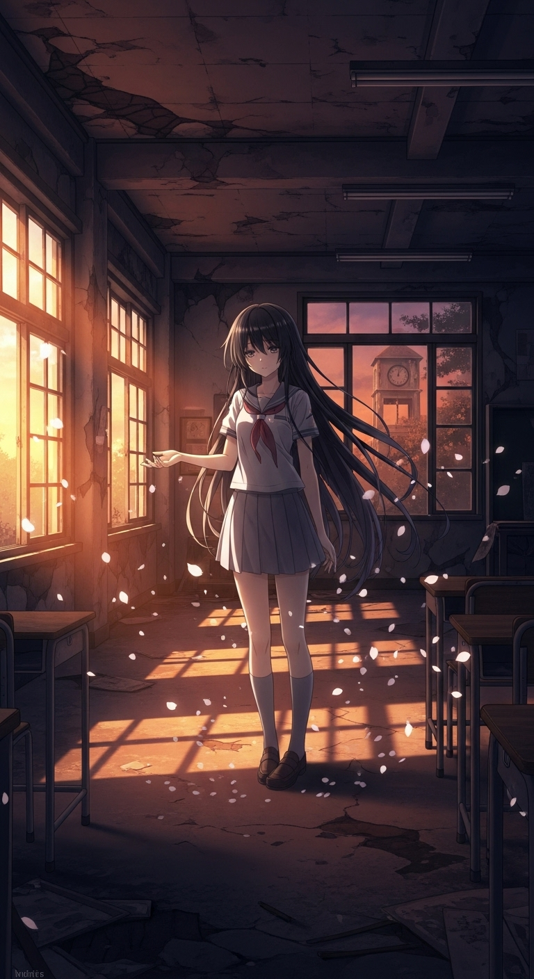 Anime girl in abandoned classroom at sunset from Dusk Maiden of Amnesia