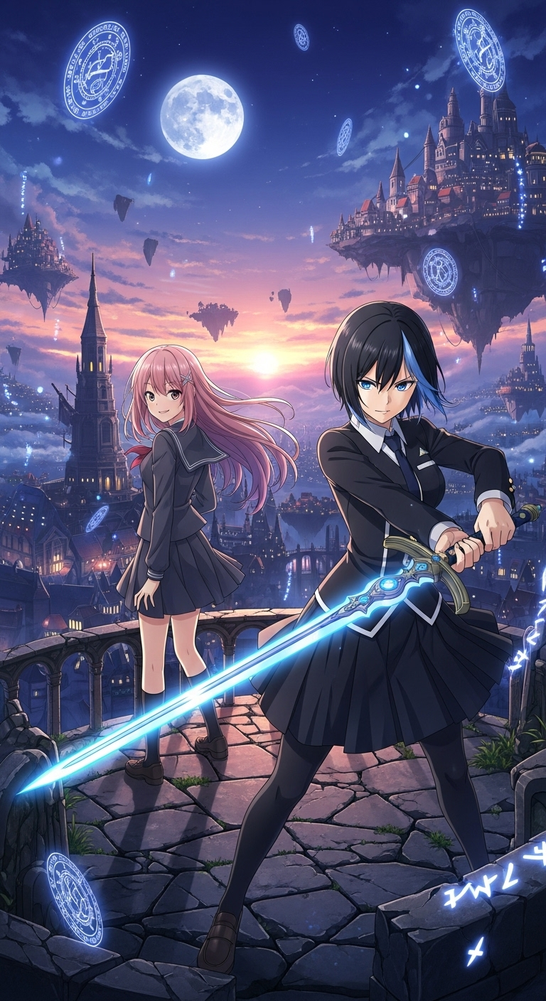 Executioner and Her Way of Life anime wallpaper with magical sword, night city, and glowing runes