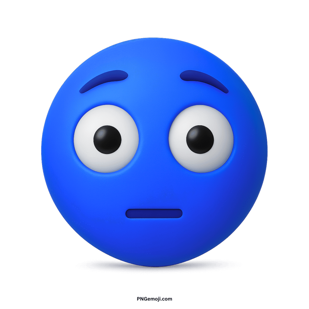  Flushed blue 3D emoji with wide-open eyes, raised eyebrows, and a flat mouth,