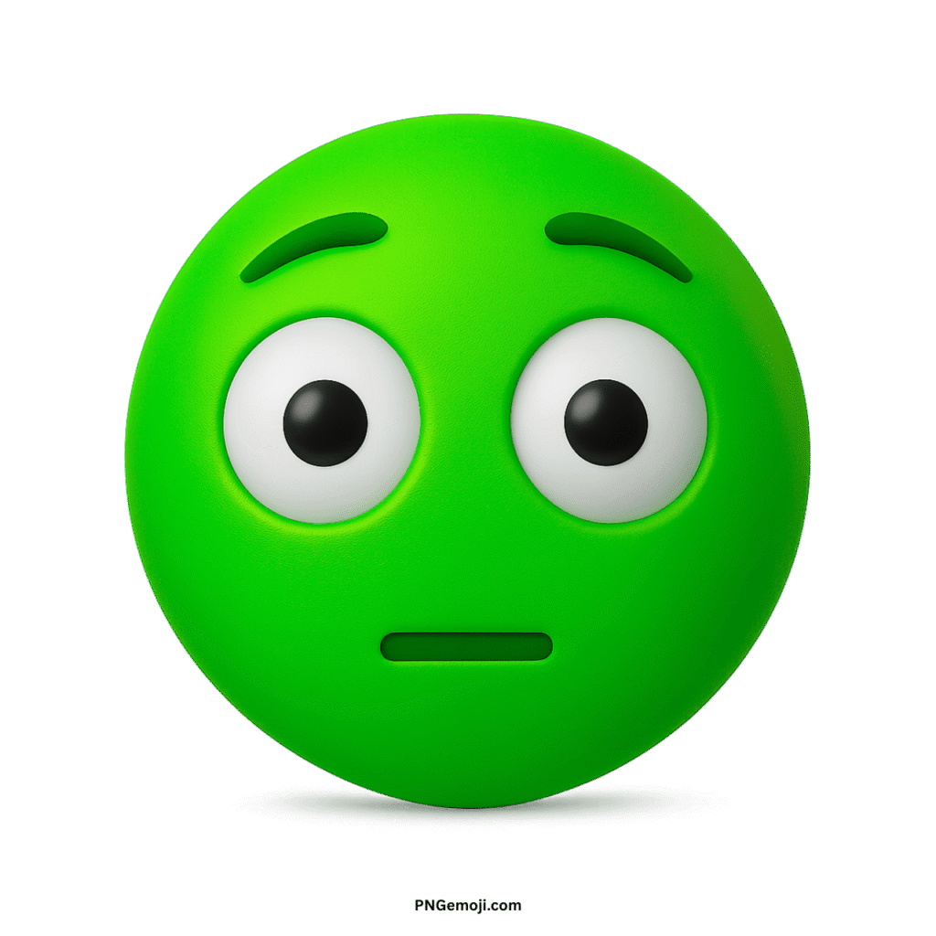 Flushed green 3D emoji with wide-open eyes, raised eyebrows, and a flat mouth, conveying embarrassment or surprise.
