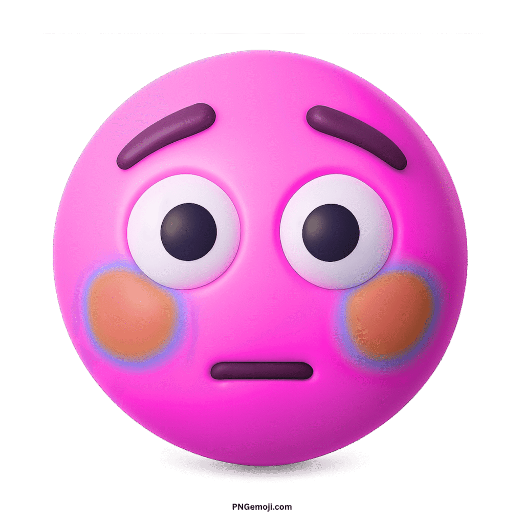 Flushed pink face emoji with wide eyes, flat mouth, and blushing cheeks.