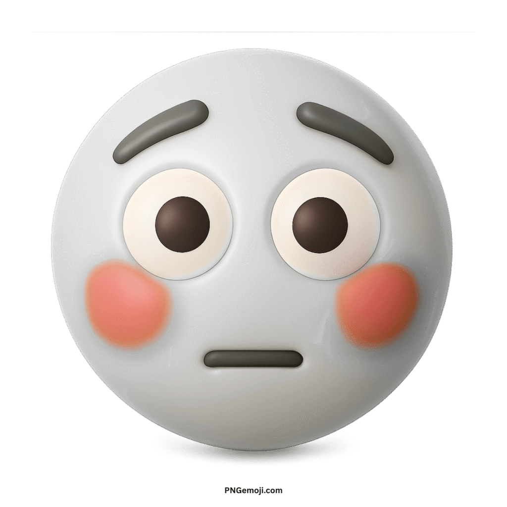 Flushed white face emoji with wide eyes, flat mouth, and blushing red cheeks.c