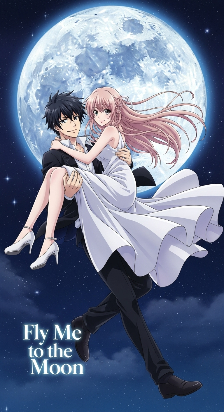 Romantic anime couple under full moon Fly Me to the Moon wallpaper