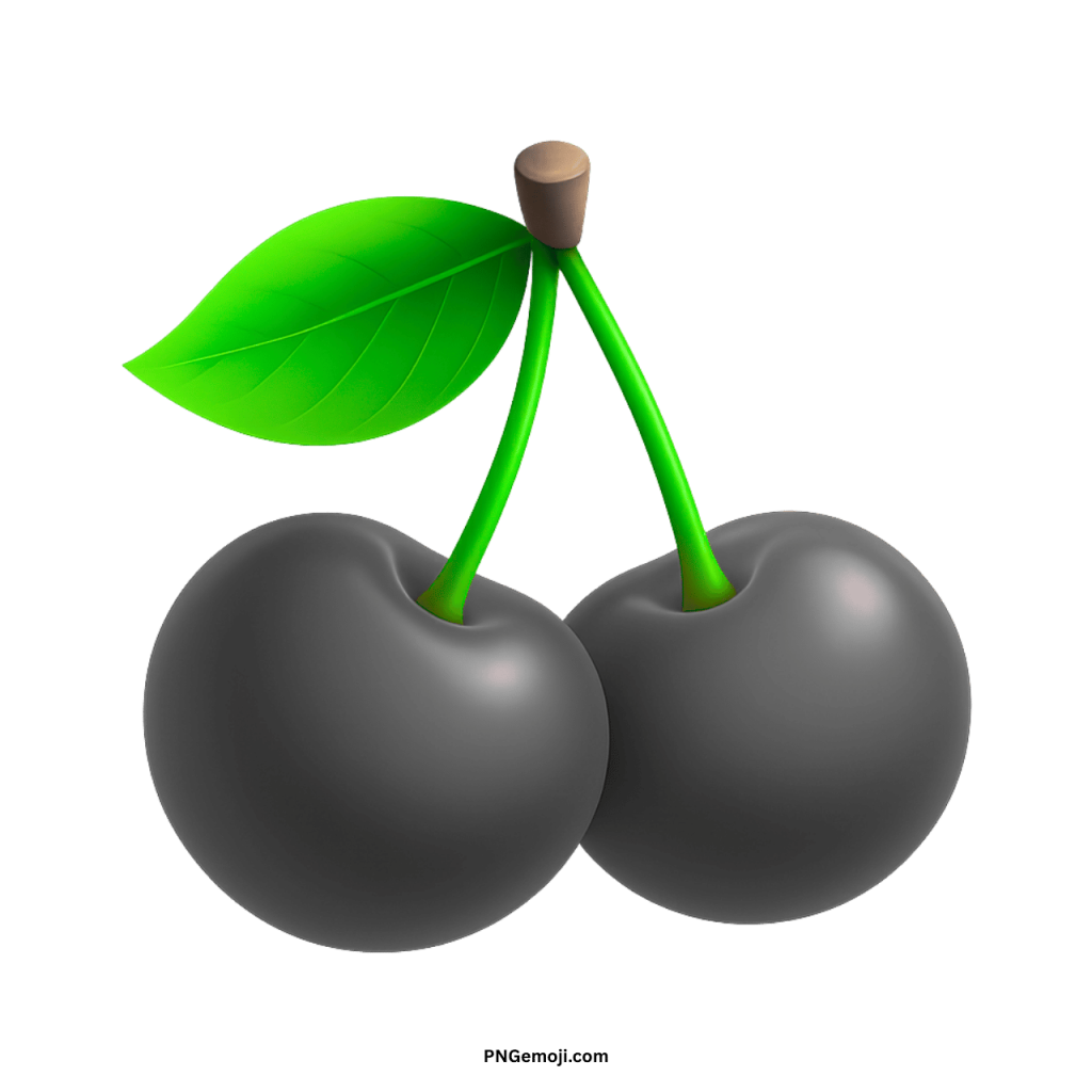 Fresh black cherries emoji icon with green leaf and glossy finish.