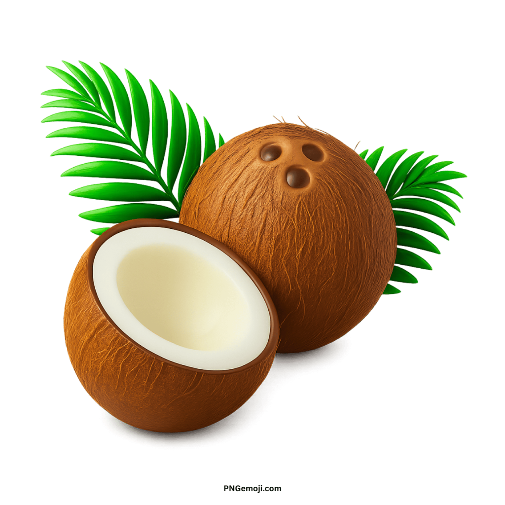 Fresh brown coconut PNG with green palm leaves and open half fruit illustration