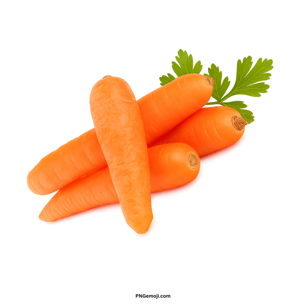 Fresh orange carrot PNG with green leaves on transparent background for healthy food design
