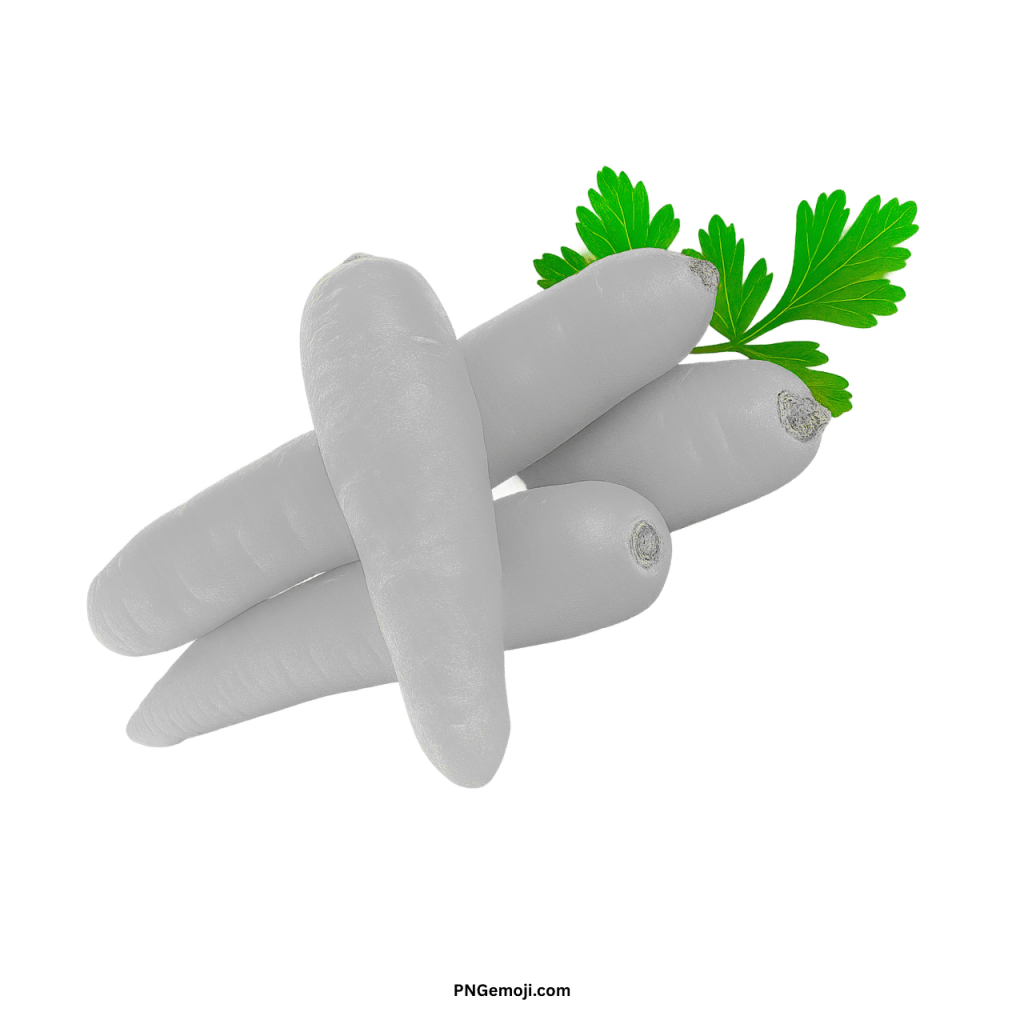Fresh white carrot PNG with green leaves on transparent background for healthy food designs