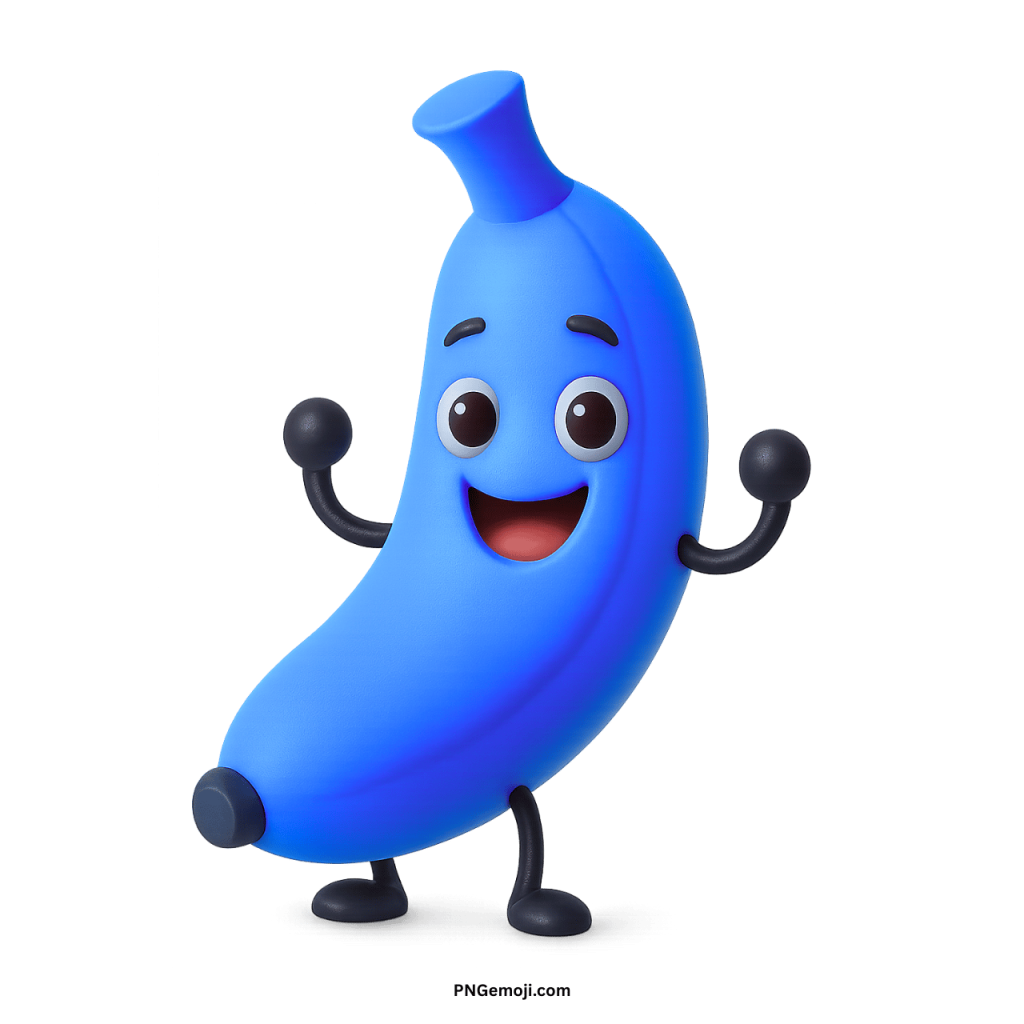 Funny blue banana emoji cartoon with smiling face and playful animated fruit character design