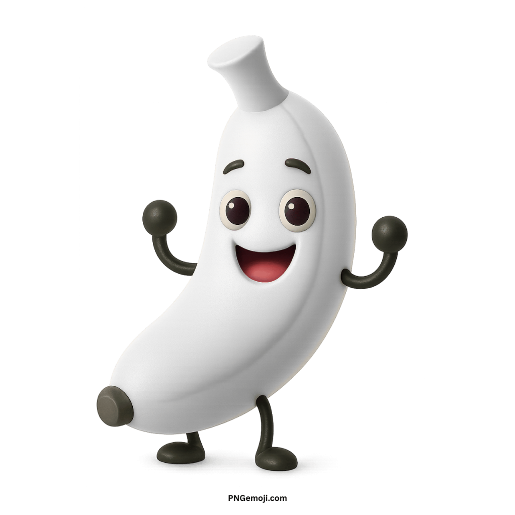 Funny banana emoji cartoon fruit character smiling with arms up on transparent background