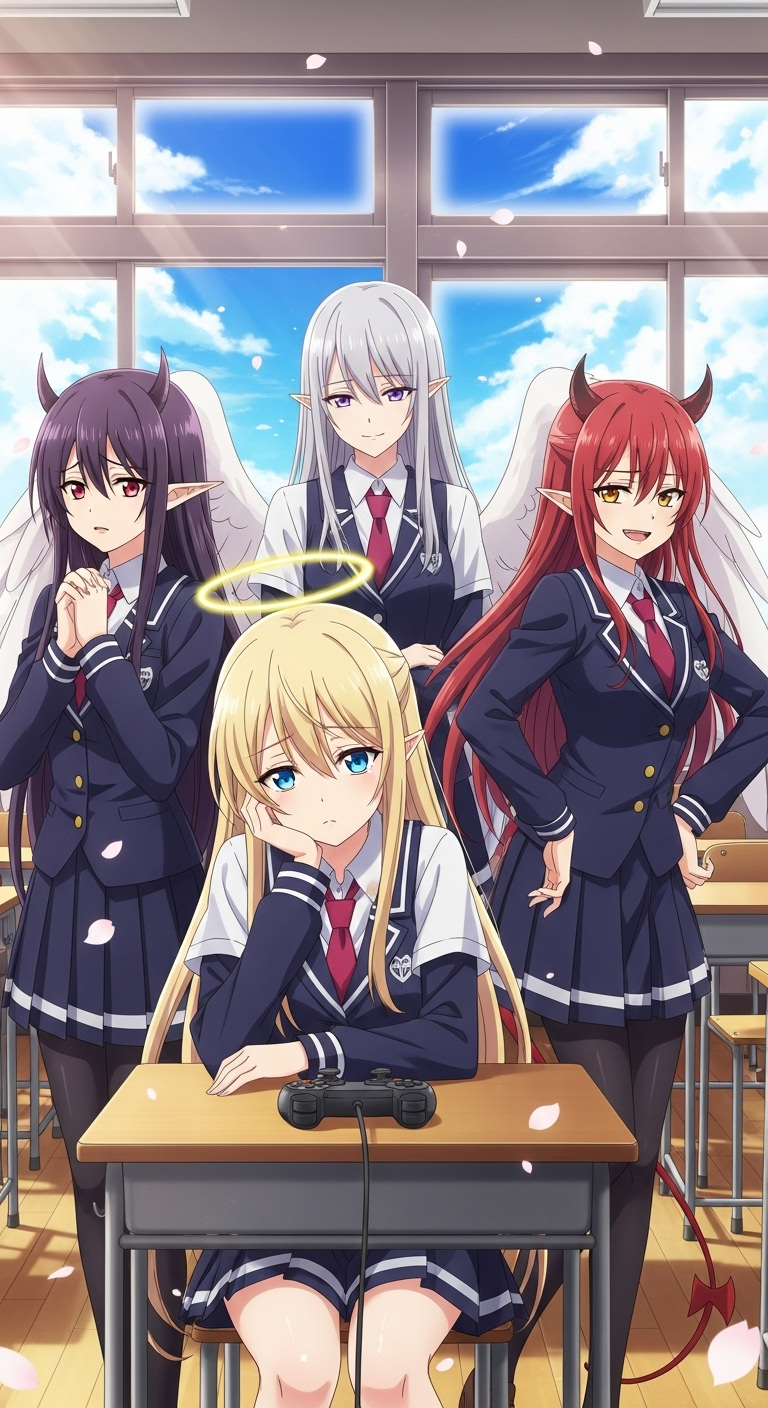 Gabriel DropOut anime wallpaper featuring angel and demon girls in school uniforms.