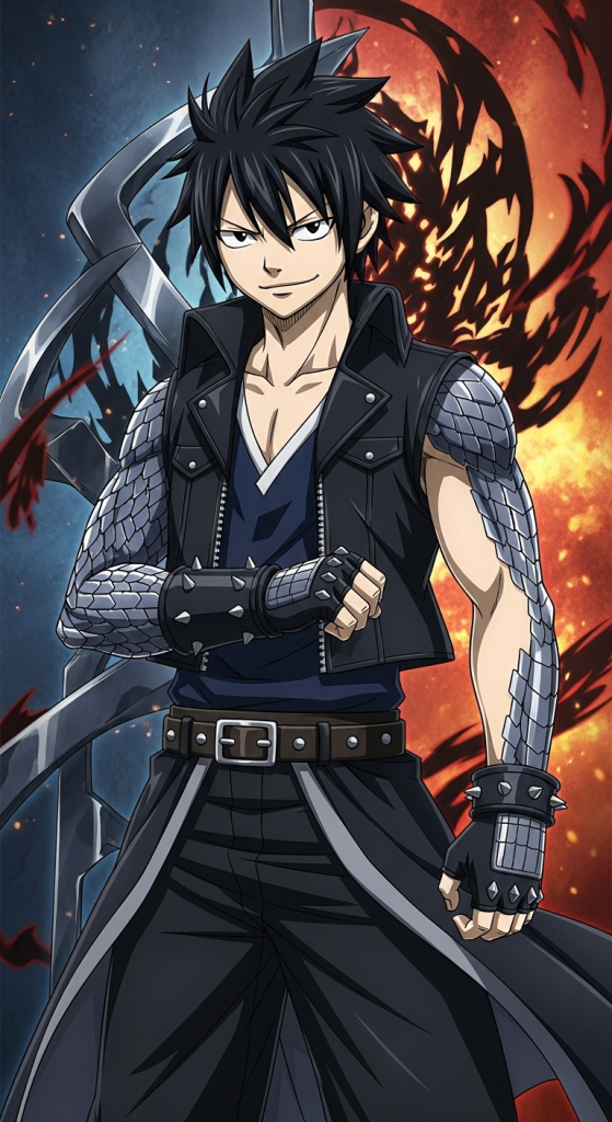 Gajeel Redfox Fairy Tail anime HD wallpaper with fantasy background and metallic arm details