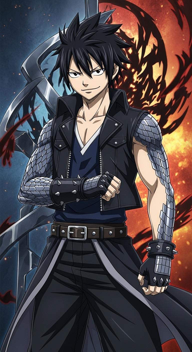 Gajeel Redfox Fairy Tail anime HD wallpaper with fantasy background and metallic arm details
