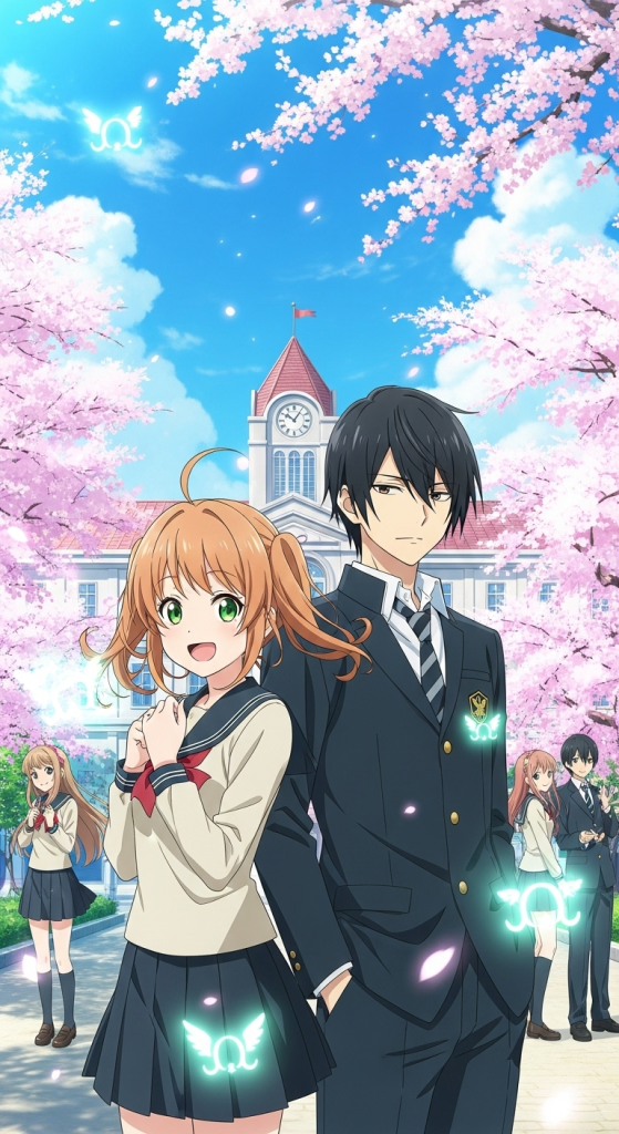 Gakuen Alice anime wallpaper with school background, sakura blossoms, and magical glowing characters