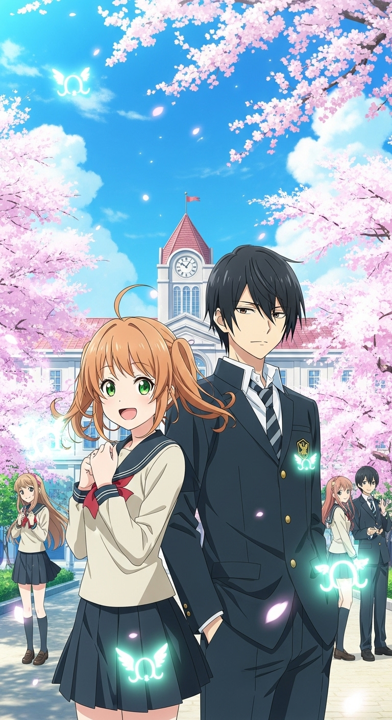Gakuen Alice anime wallpaper with school background, sakura blossoms, and magical glowing characters