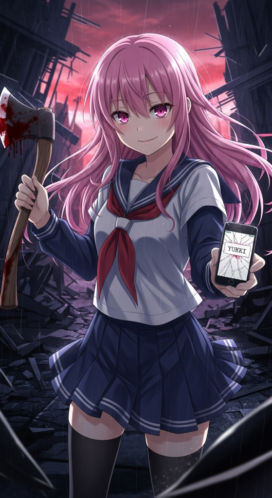Gasai Yuno holding bloody axe and cracked phone wallpaper from Mirai Nikki anime