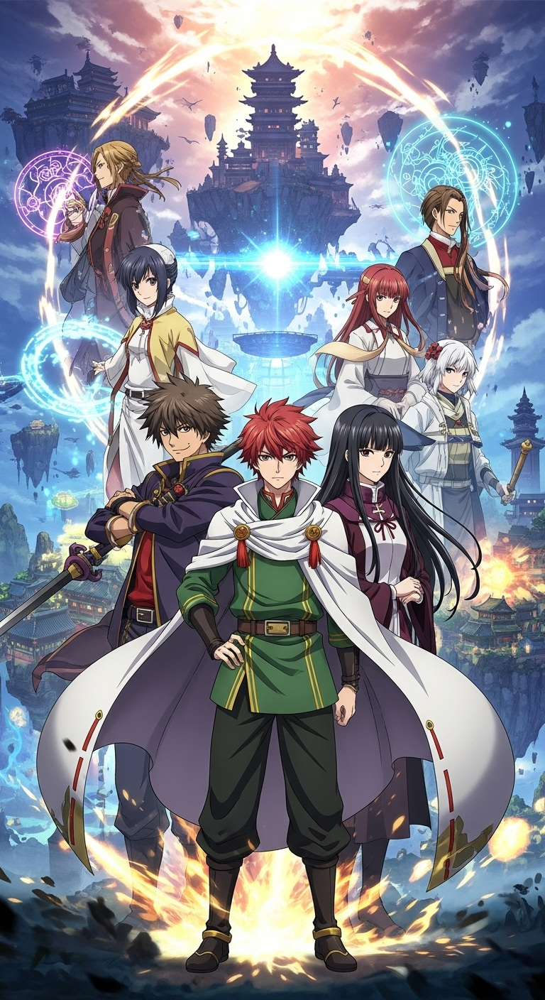 Gensou Sangokushi Tengen Reishinki anime wallpaper featuring main characters with magical battle background