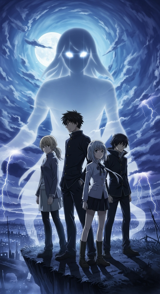 Ghost Hound anime wallpaper featuring mysterious spirits, glowing eyes, and students under moonlit stormy night