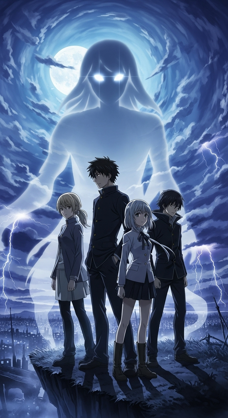 Ghost Hound anime wallpaper featuring mysterious spirits, glowing eyes, and students under moonlit stormy night