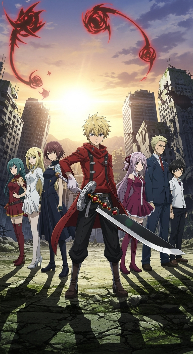 God Eater anime HD wallpaper featuring main characters with giant sword in apocalyptic city