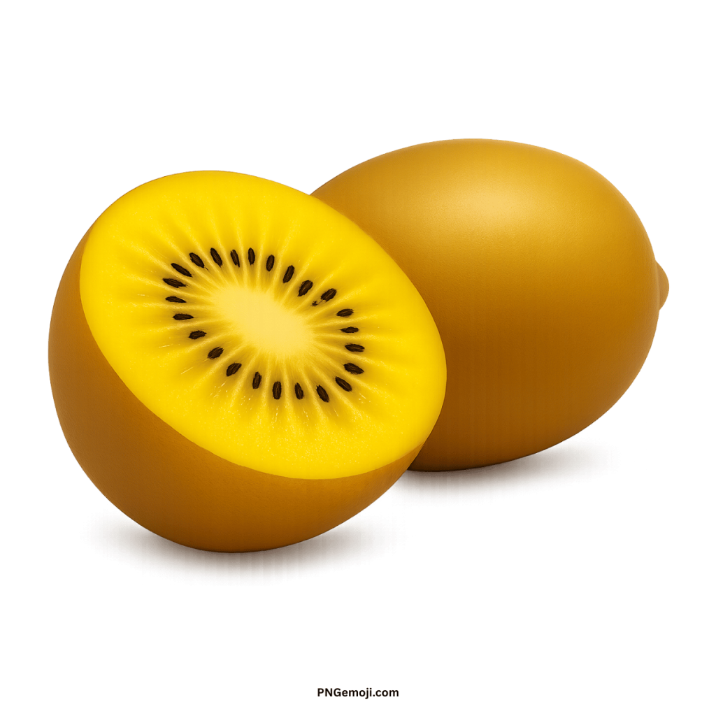 Golden kiwi fruit PNG transparent image with half cut and whole fruit emoji