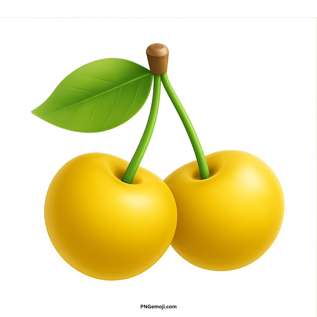 Two golden-yellow cherries with a bright green leaf on a black background.