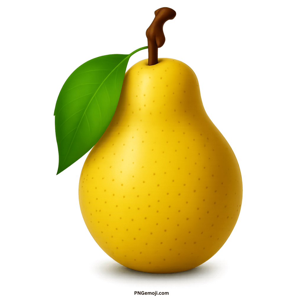 A vibrant golden-yellow pear with a brown stem and a fresh green leaf on a black background.