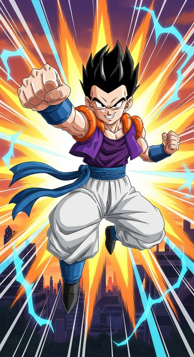 Gotenks Dragon Ball Z anime wallpaper in powerful action pose with glowing energy aura