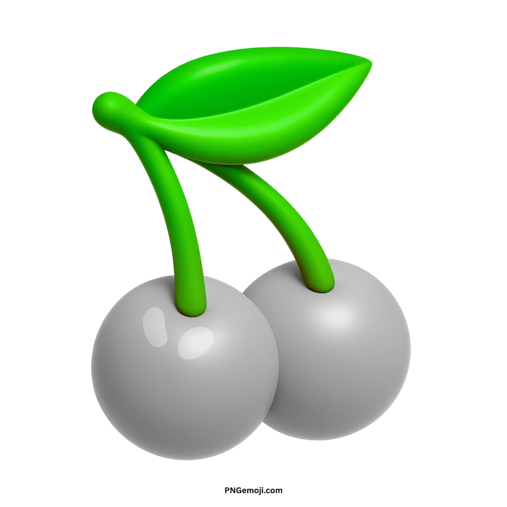 A modern gray cherry emoji with a subtle sheen and bright green leaves, set against a solid green background.