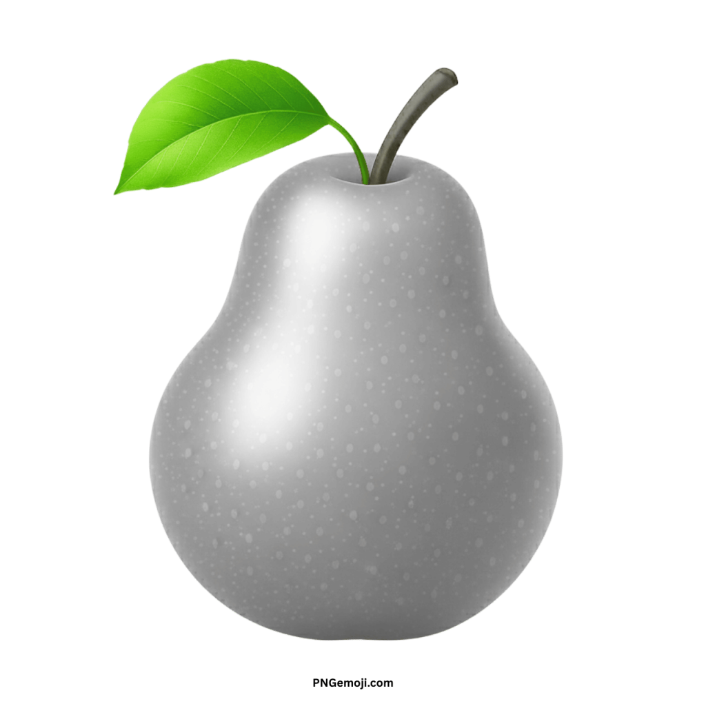 A realistic metallic gray pear emoji with a green leaf on a dark green background.