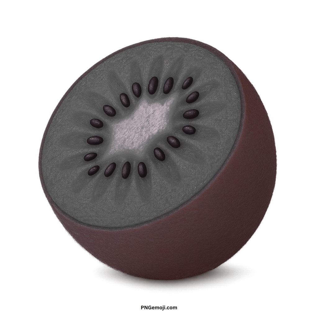 A grayscale kiwi fruit emoji, halved to show dark seeds and a light grey core.
